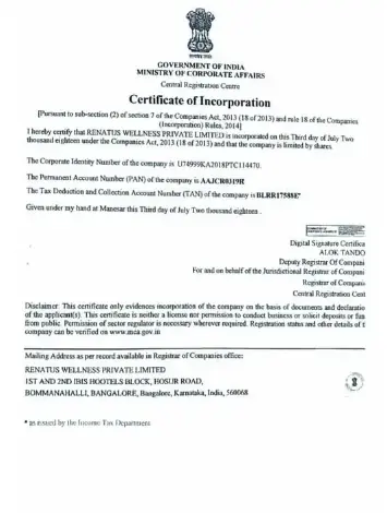 Renatus incorporation certified